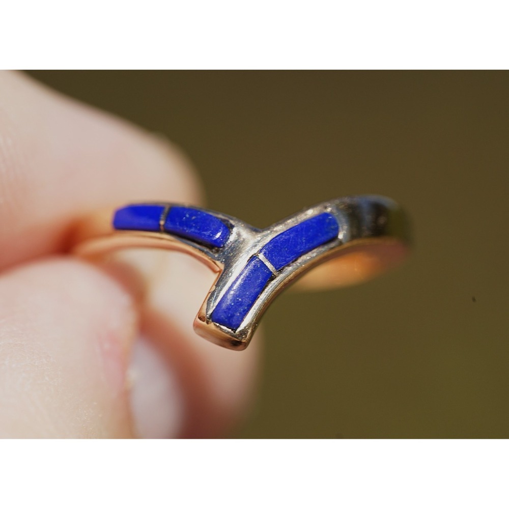 Clarence Booqua CB - Zuni 14k Solid Yellow Gold Inlaid Natural Lapis Lazuli Ring